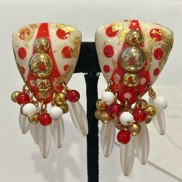 Vintage IKARAMI Red White and Gold Statement Earrings-Boutique - Picture 1 of 6